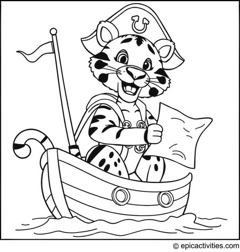 Coloring page of a tiger pirate sailing the high seas