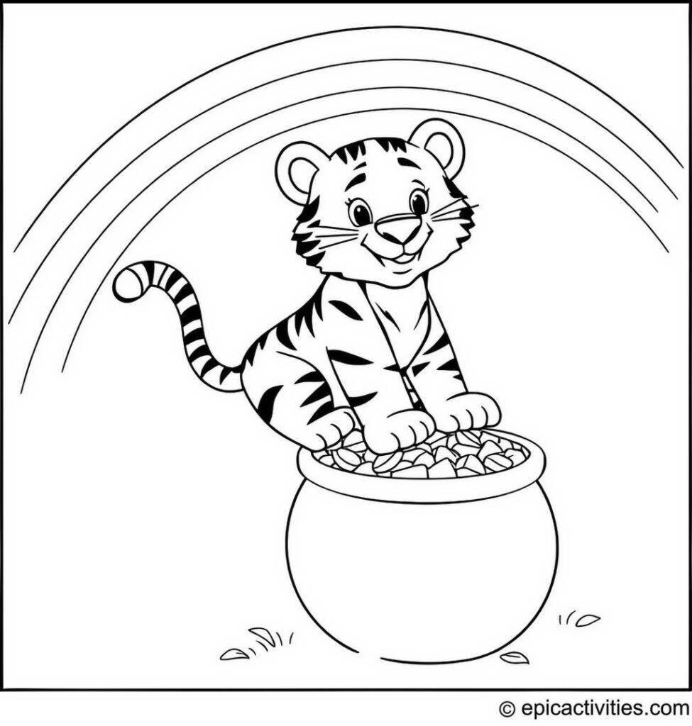 Coloring page of a Tiger Sliding Down a Rainbow into a Pot of Gold