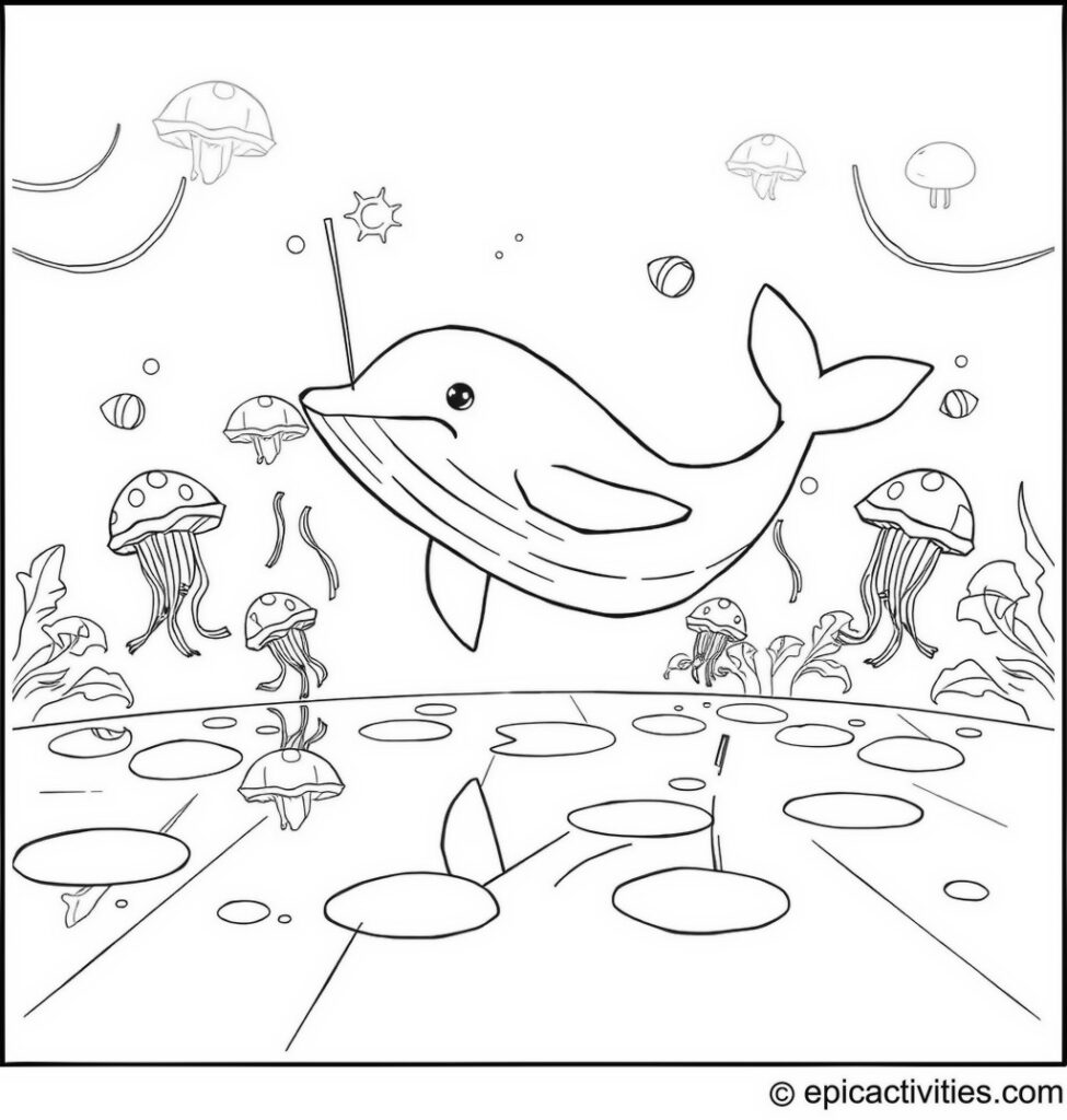 Coloring page of a Whale Breakdancing with Jellyfish