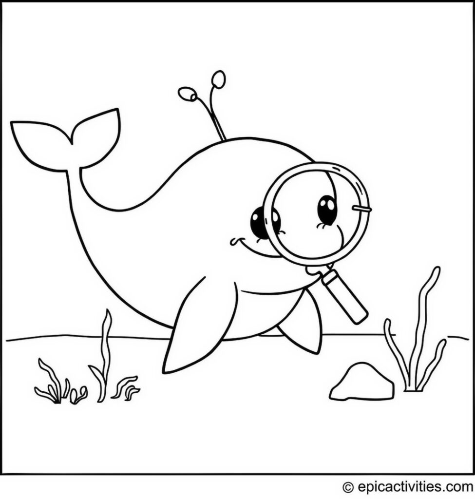 Coloring page of a Whale Detective with a Magnifying Glass