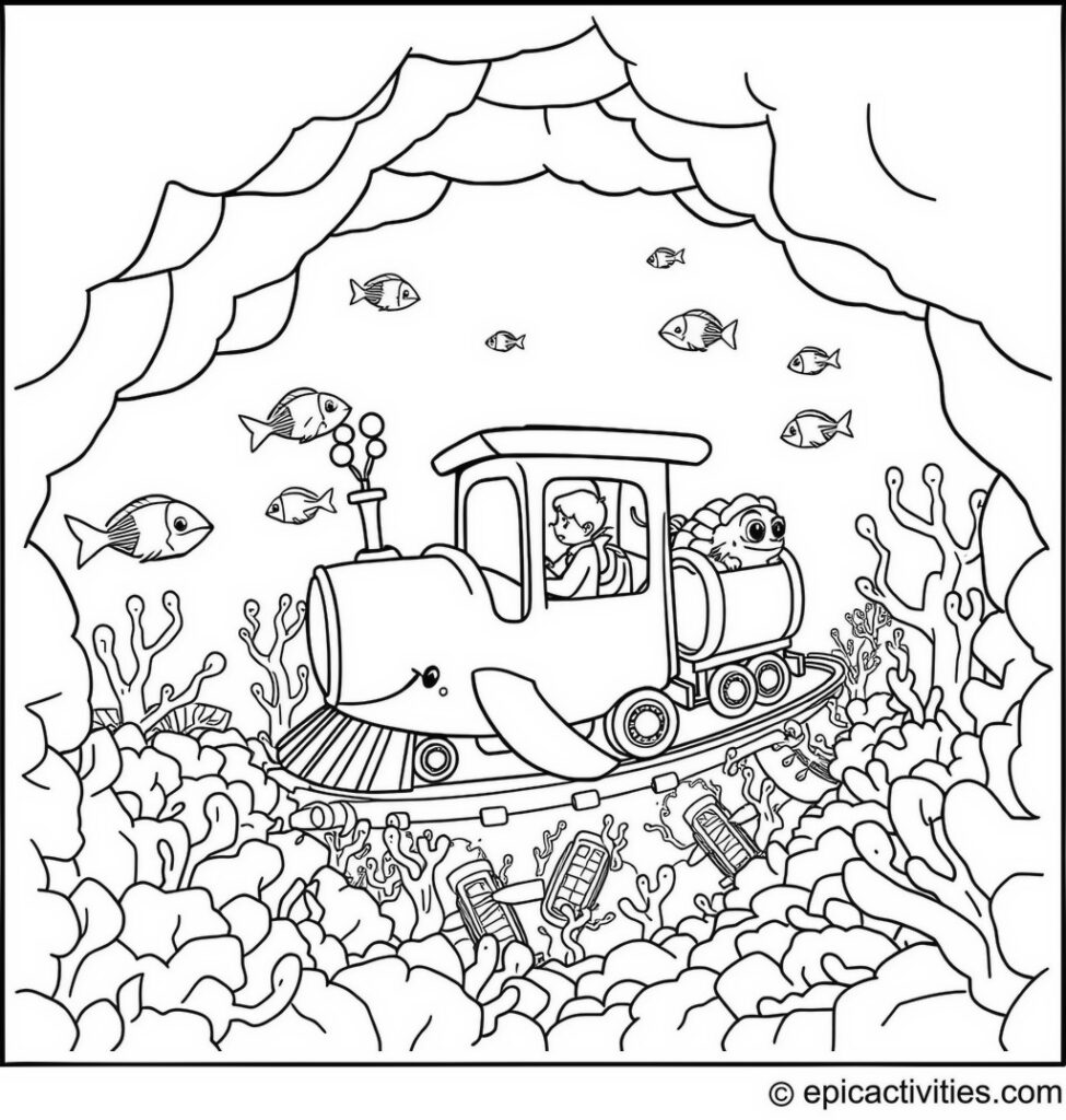 Coloring page of a Whale Driving a Train Underwater with Fish Passengers and Coral Tunnels