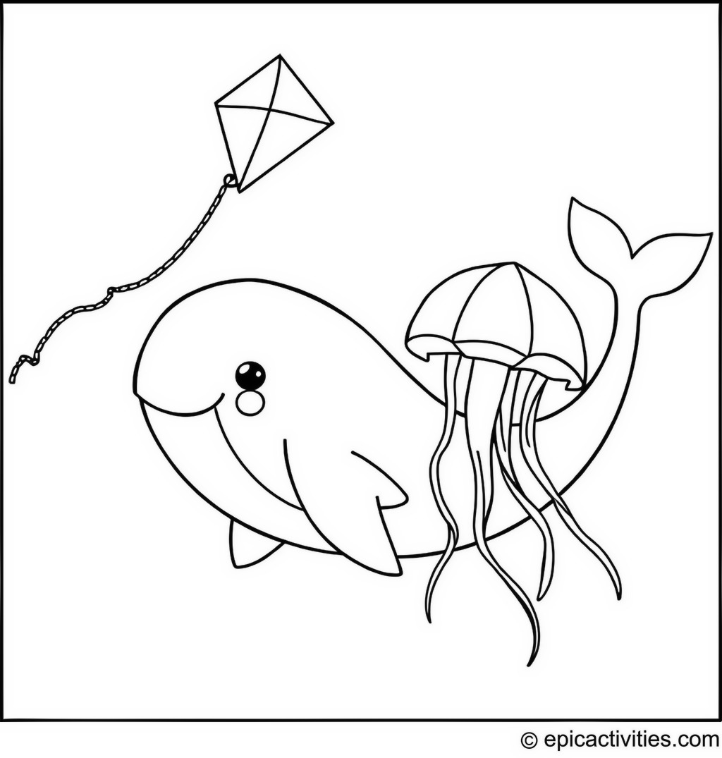 Coloring page of a Whale Flying a Kite Shaped like a Jellyfish