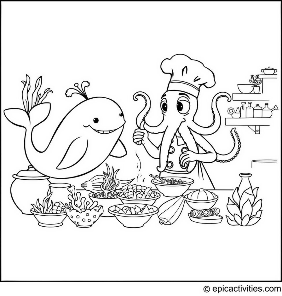 Coloring page of a Whale Helping an Octopus Chef Cook in the Sea