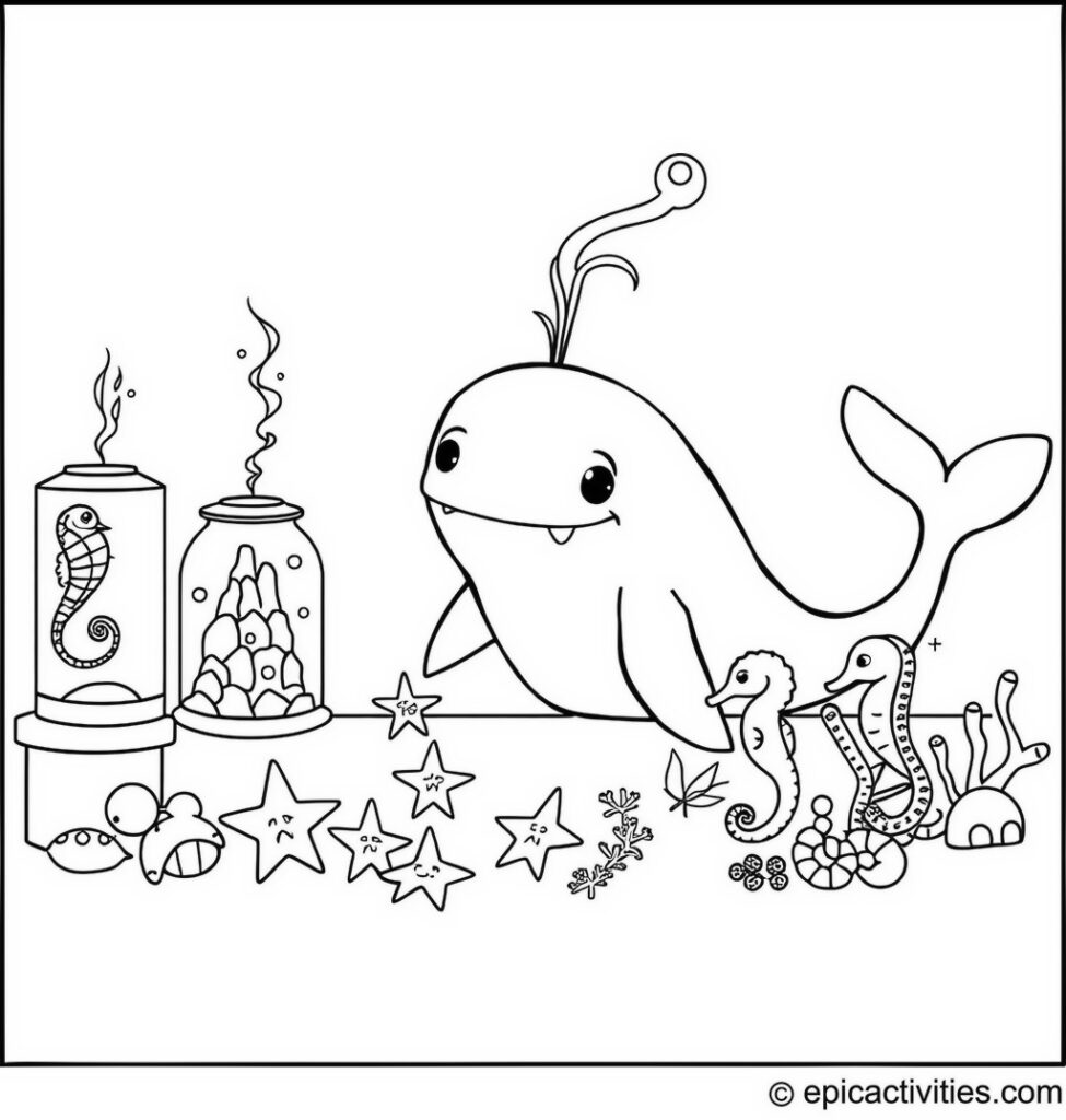 Coloring page of a Whale Hosting a Science Fair with Volcano Eruptions, Starfish, and Seahorses