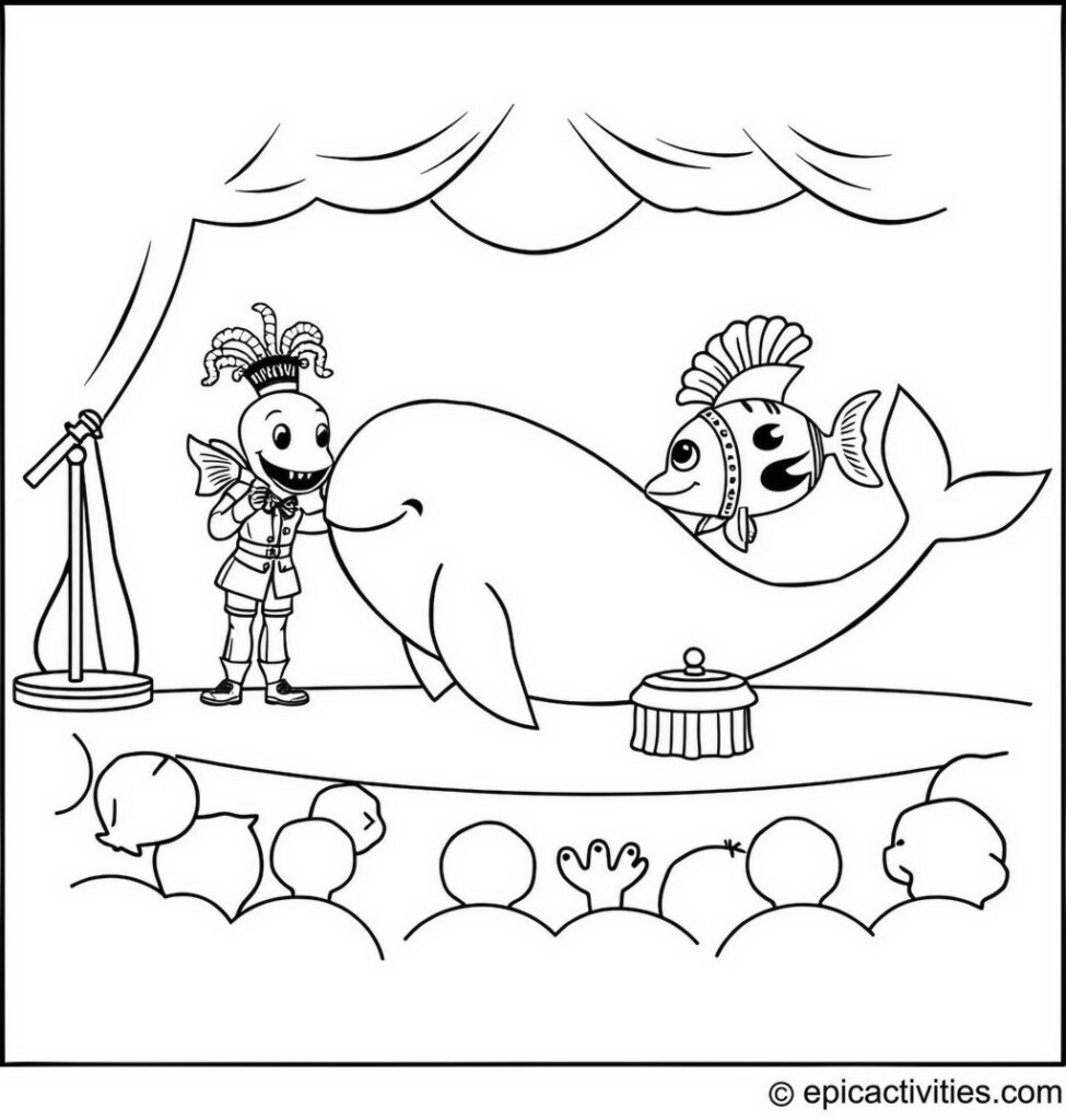 Coloring page of a Whale Hosting a Talent Show for Baroque Flamboyant Fish Performers