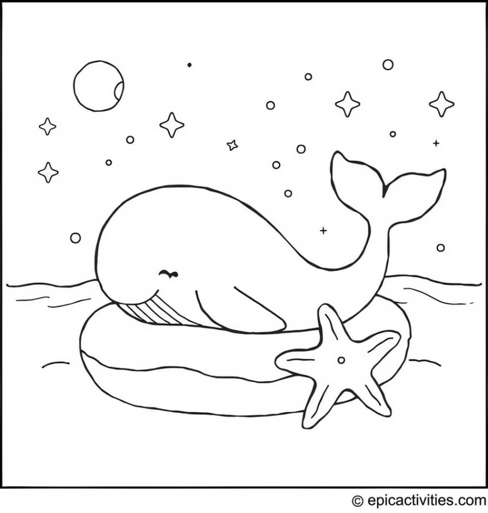 Coloring page of a Whale Moonbathing on a Starfish Bed