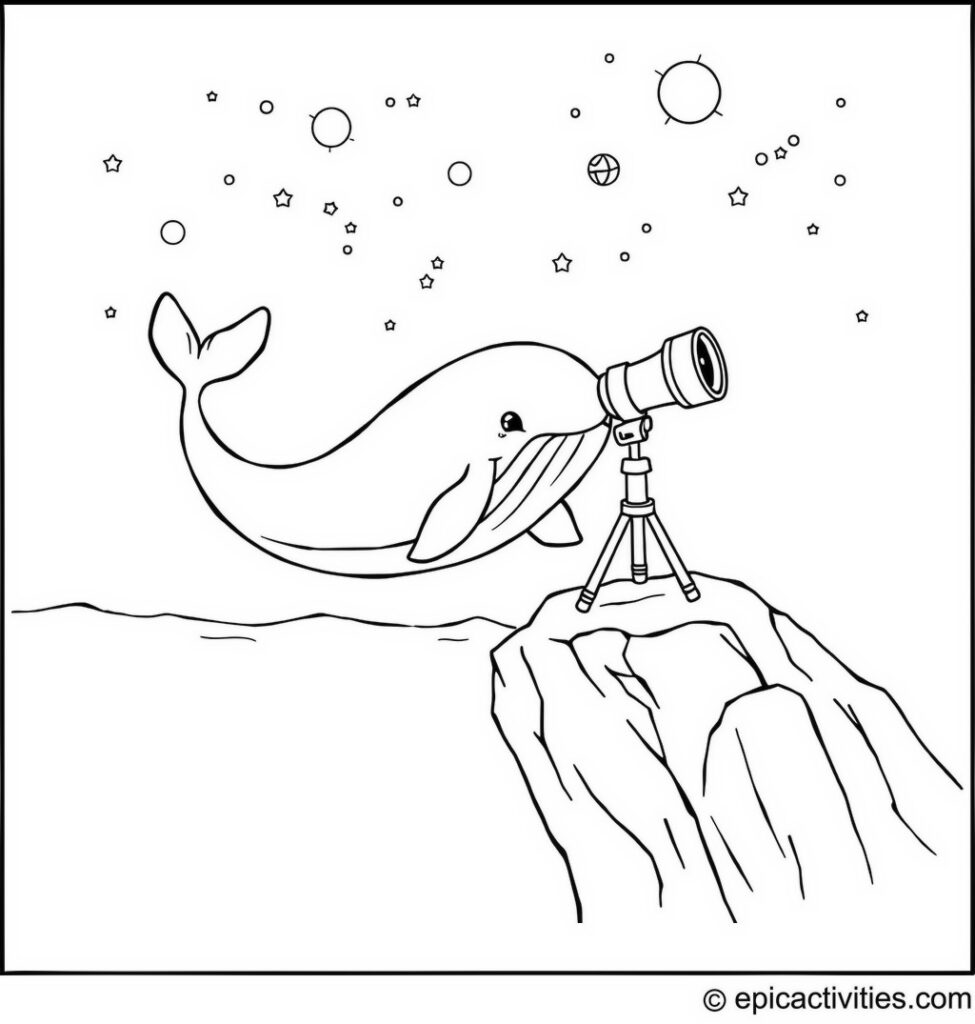 Coloring page of a Whale Stargazing with a Telescope Underwater