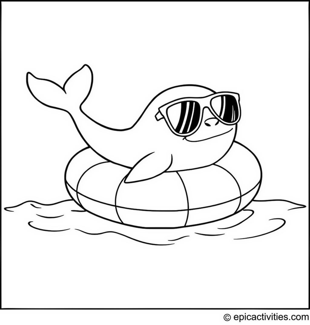 Coloring page of a Whale with Sunglasses on an Inflatable Ring in the Ocean