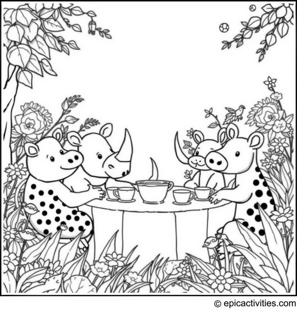 Coloring page of a whimsical tea party with a rhino and friends in a garden