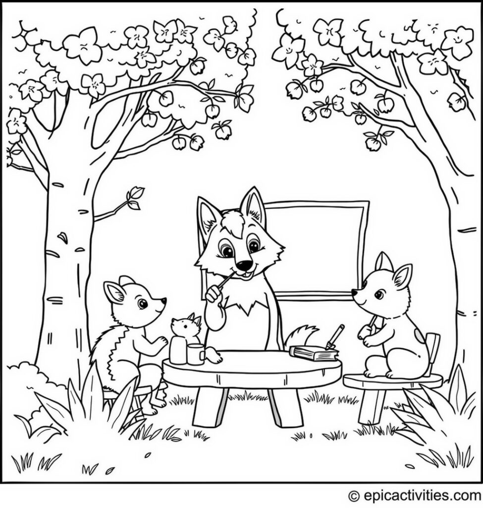 Coloring page of a Wise Wolf Leading a Woodland Class