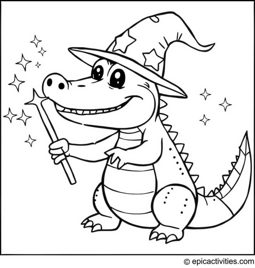 Coloring page of a Wizard Alligator Casting a Spell