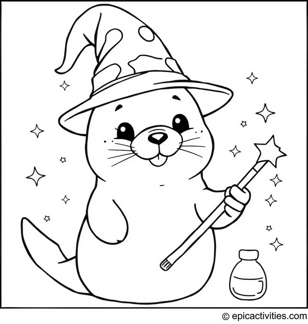Coloring page of a Wizard Seal with Magic Wand and Potions