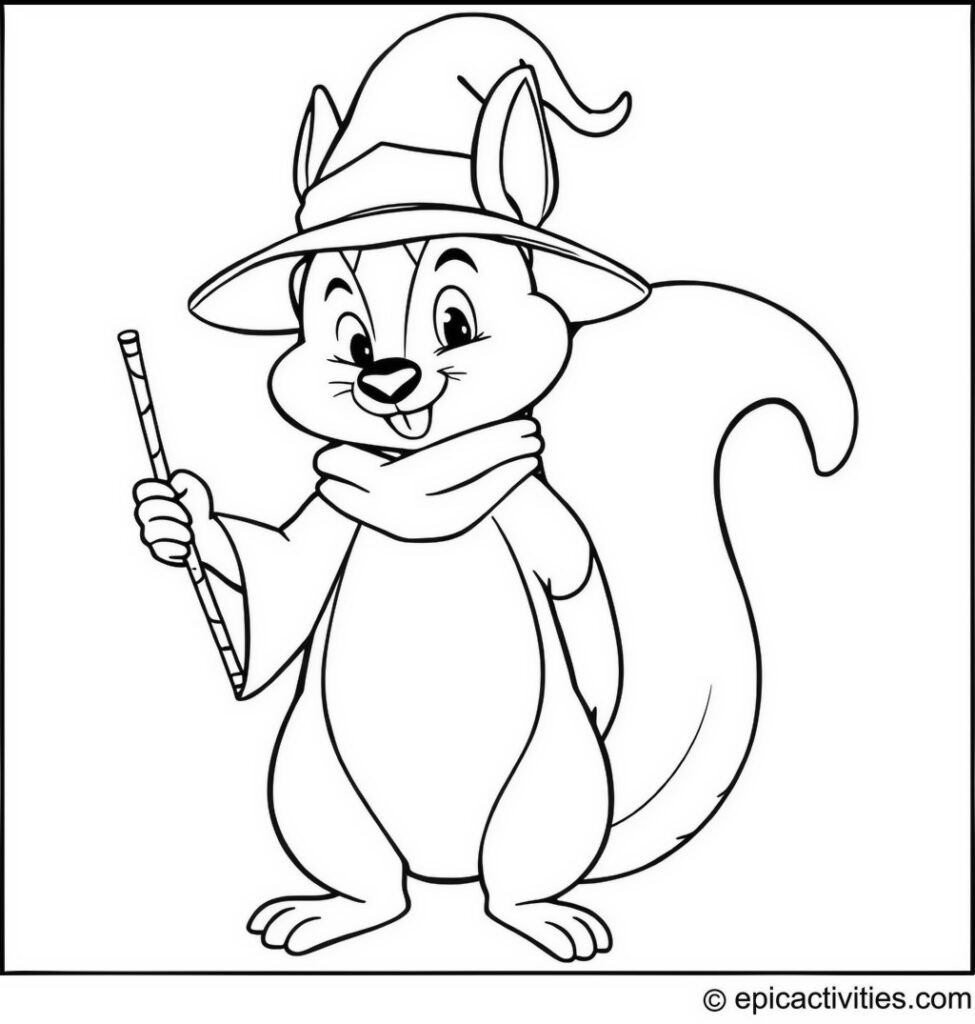 Coloring page of a Wizard Squirrel with a Magic Wand