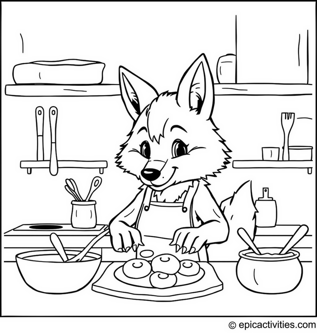 Coloring page of a Wolf Baking Cookies in a Whimsical Kitchen