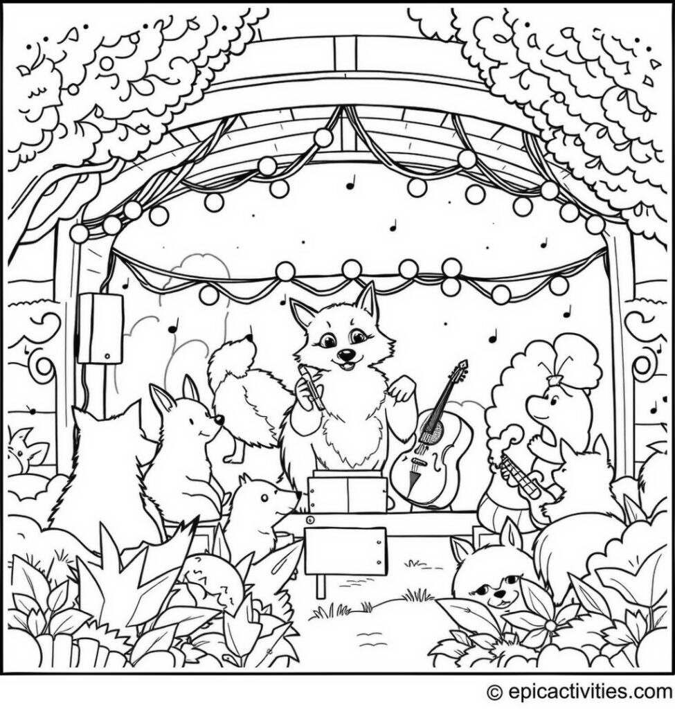 Coloring page of a Wolf Concert in a Brightly-Decorated Amphitheater