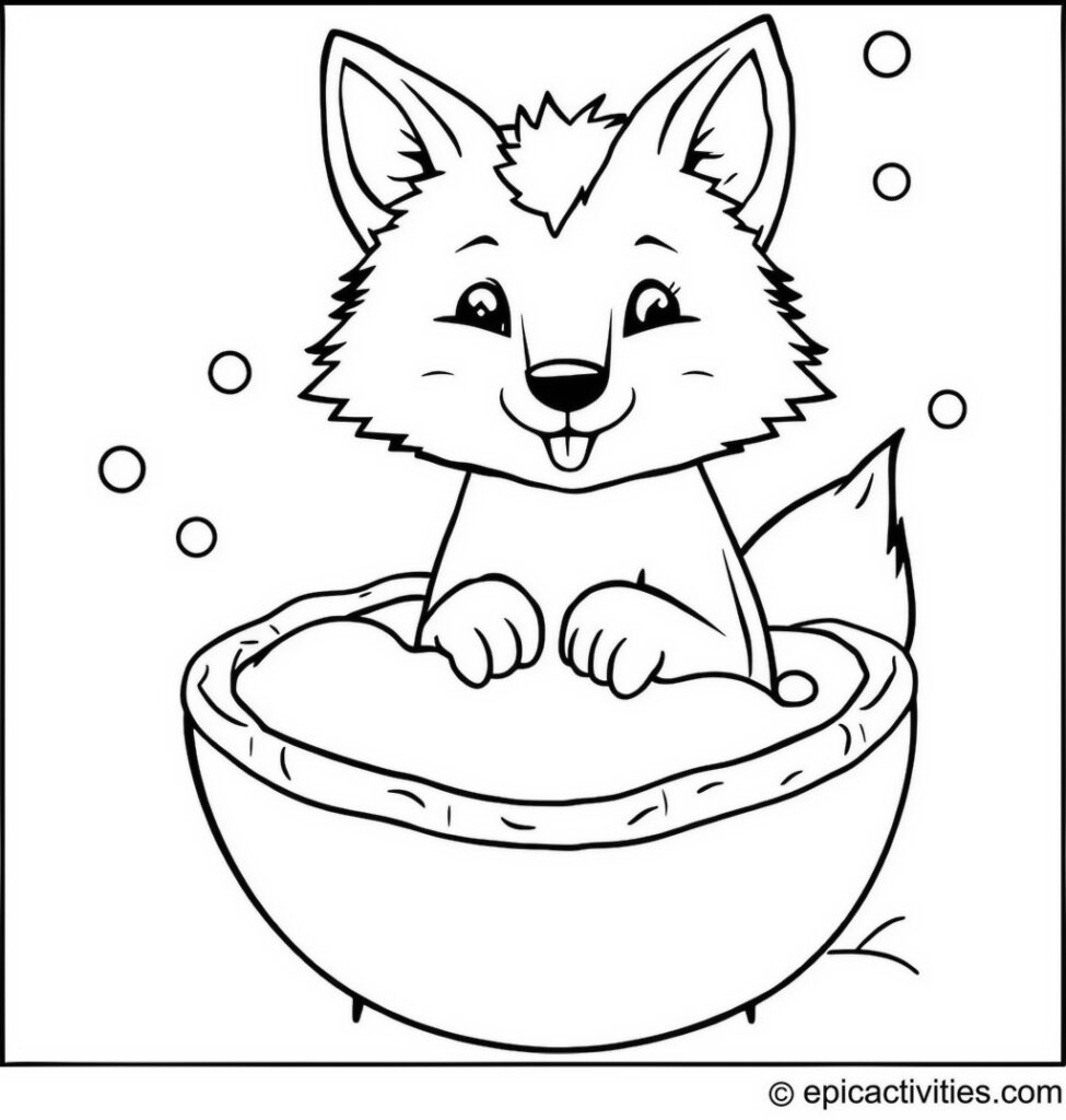 Coloring page of a Wolf Enjoying a Bubble Bath in an Acorn Shell