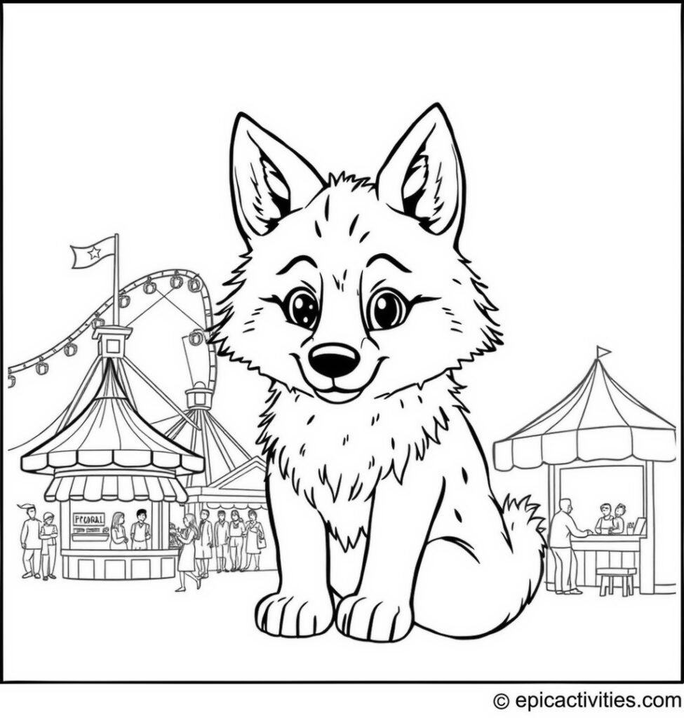 Coloring page of a Wolf Enjoying a Vibrant Carnival