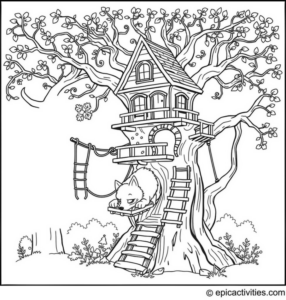 Coloring page of a Wolf Exploring an Intricate Treehouse with Ladder and Rope Bridges