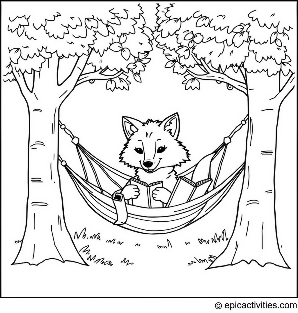 Coloring page of a Wolf in a Hammock with a Book