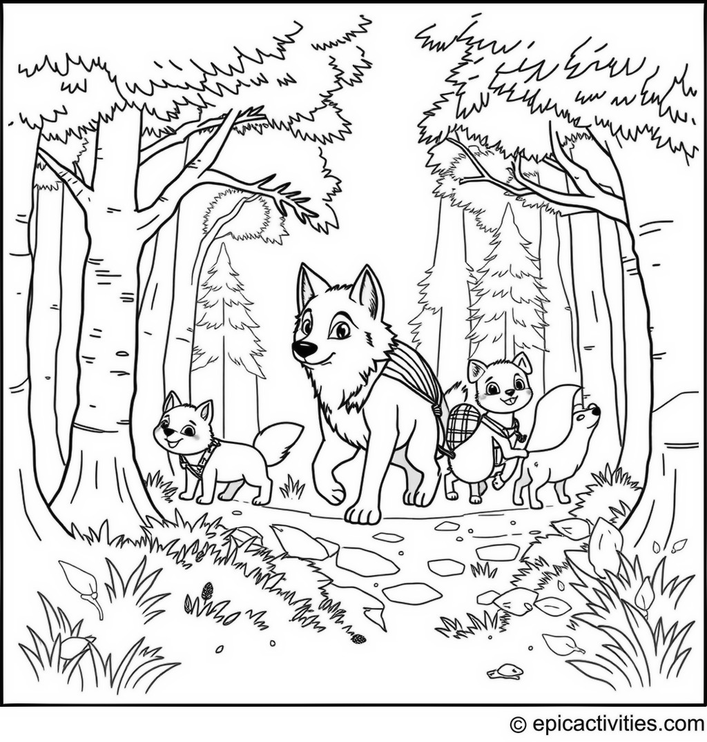 Coloring page of a Wolf Leading a Pack of Playful Animals on an Exploratory Hike Through the Forest