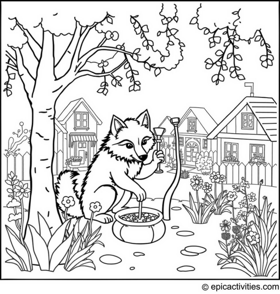 Coloring page of a wolf planting a tree in a community garden