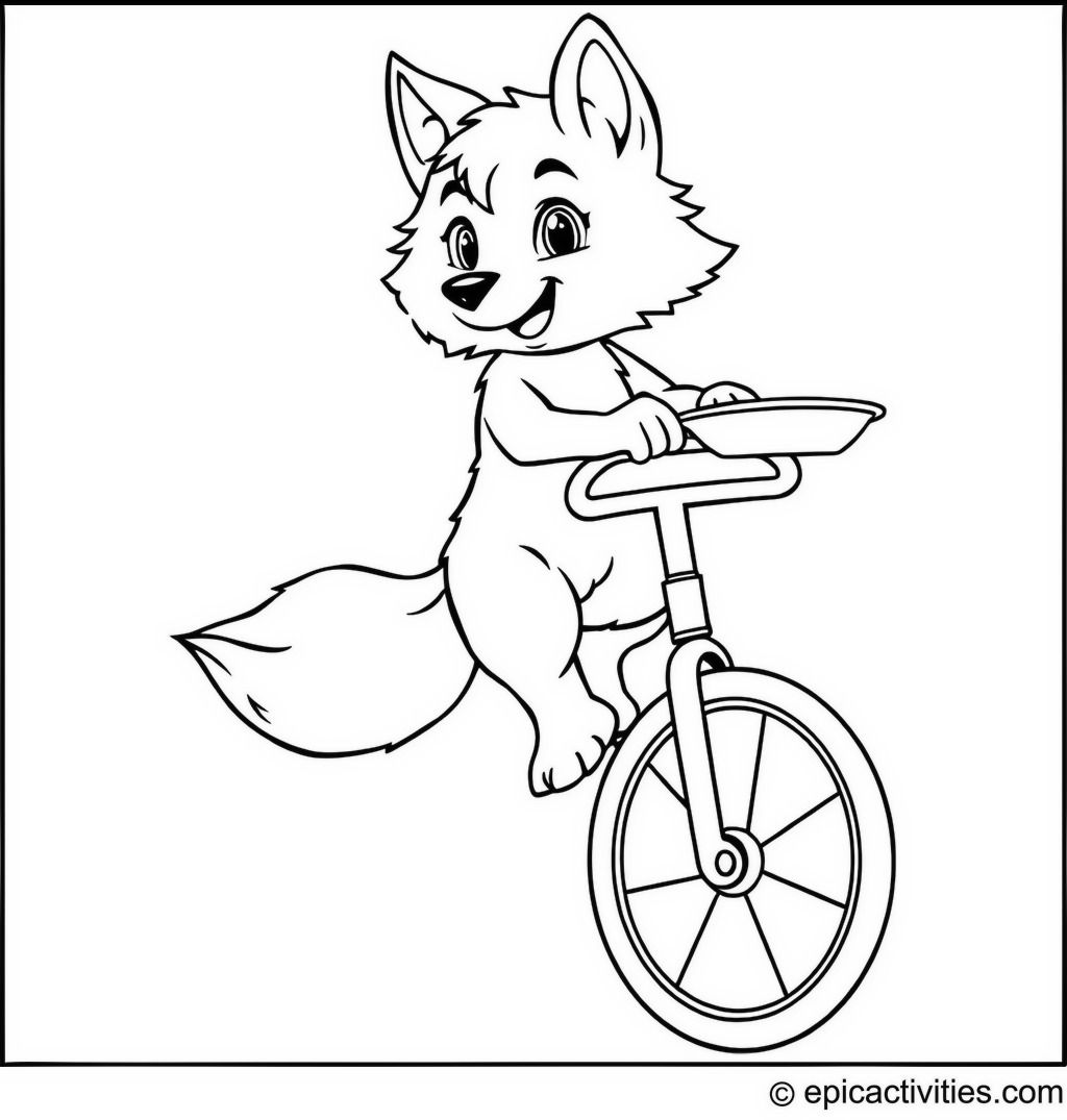 Coloring page of a Wolf Riding a Unicycle at the Circus