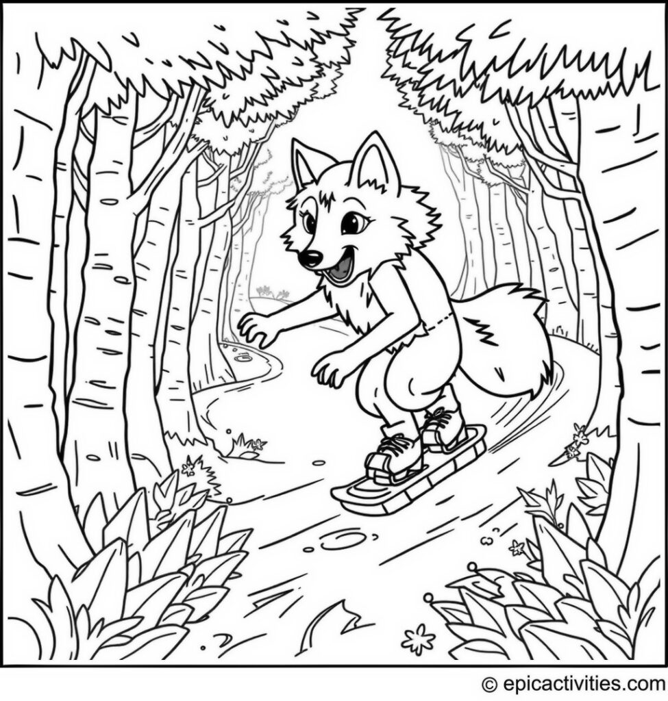 Coloring page of a Wolf Rollerblading in the Forest