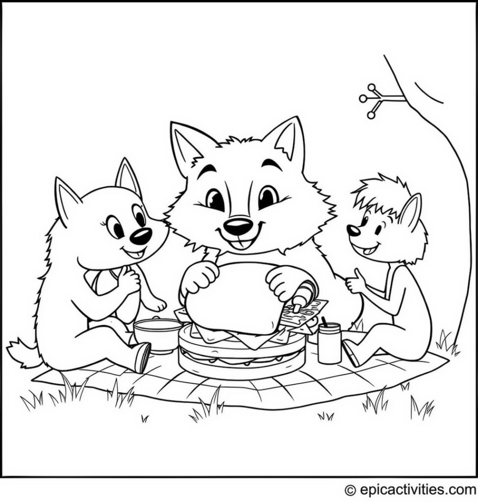 Coloring page of a Wolf Sharing a Giant Sandwich at a Picnic