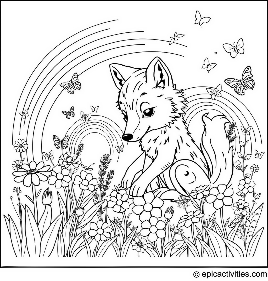 Coloring page of a Wolf Tending a Magical Garden