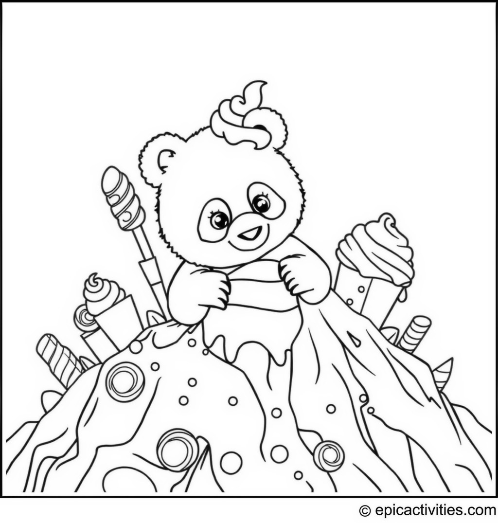 Coloring page of an adorable panda exploring an ice cream mountain with candy toppings