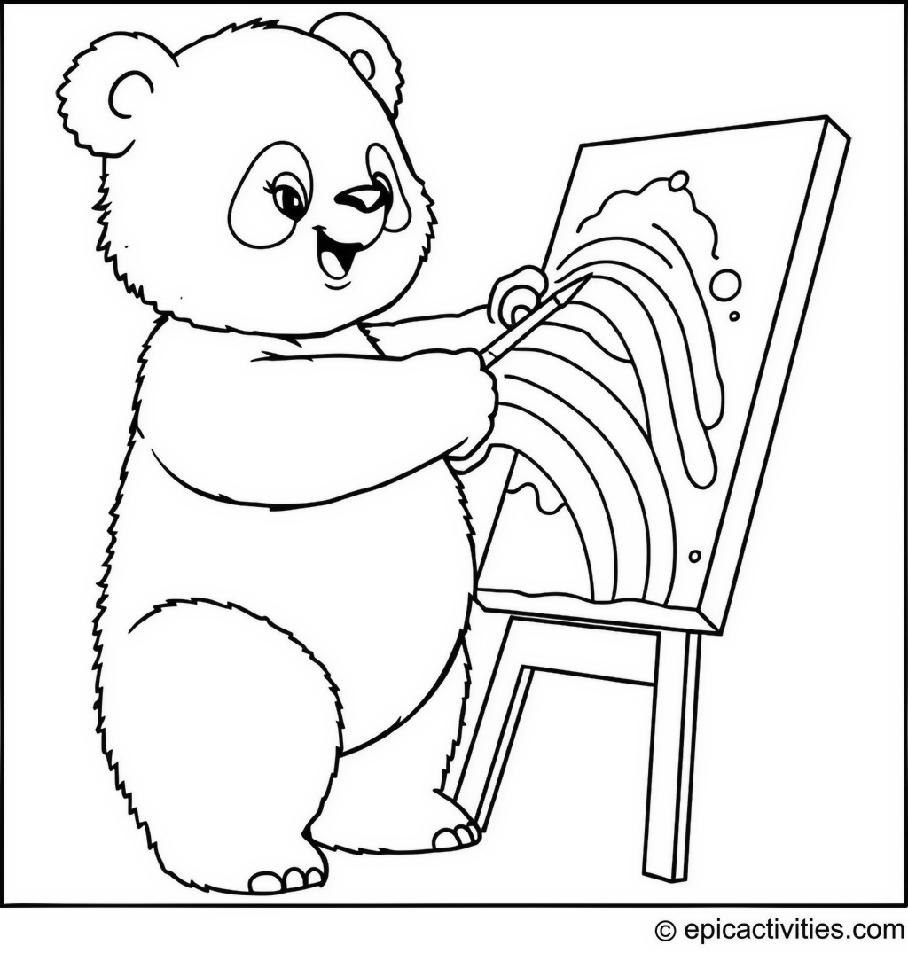 Coloring page of an adorable panda painting a rainbow on an oversized canvas