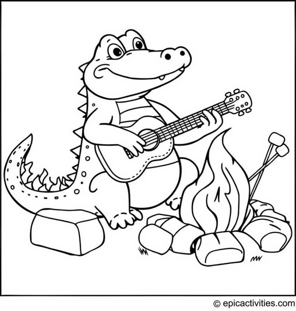Coloring page of an Alligator Playing Guitar at a Campfire