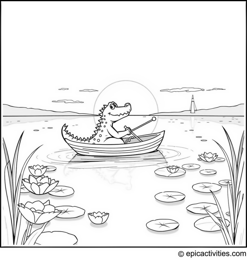 Coloring page of Cartoon Crocodile Sailing a Boat on a Sunset Lake