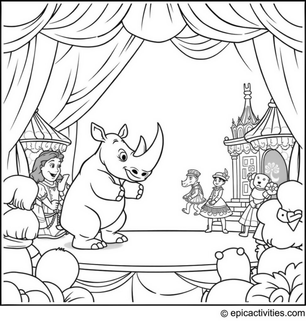 Coloring page of Cartoon Rhino Acting in a Play on a Whimsical Stage