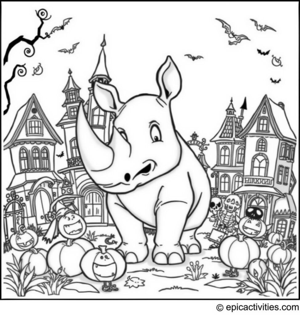 Coloring page of Cartoon Rhino Celebrating Halloween with Elaborate Haunted Houses