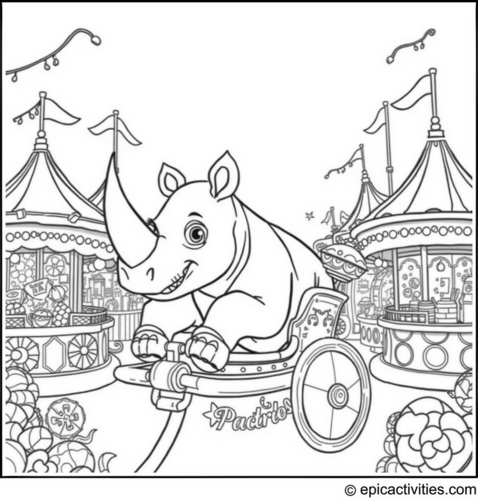 Coloring page of Cartoon Rhino Enjoying a Whimsical Carnival