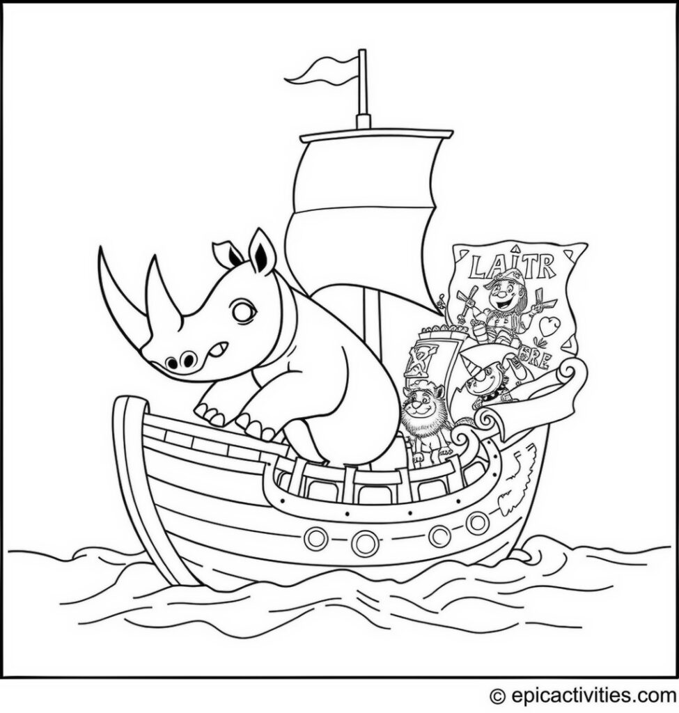Coloring page of Cartoon Rhino on a Pirate Ship Adventure with Friends