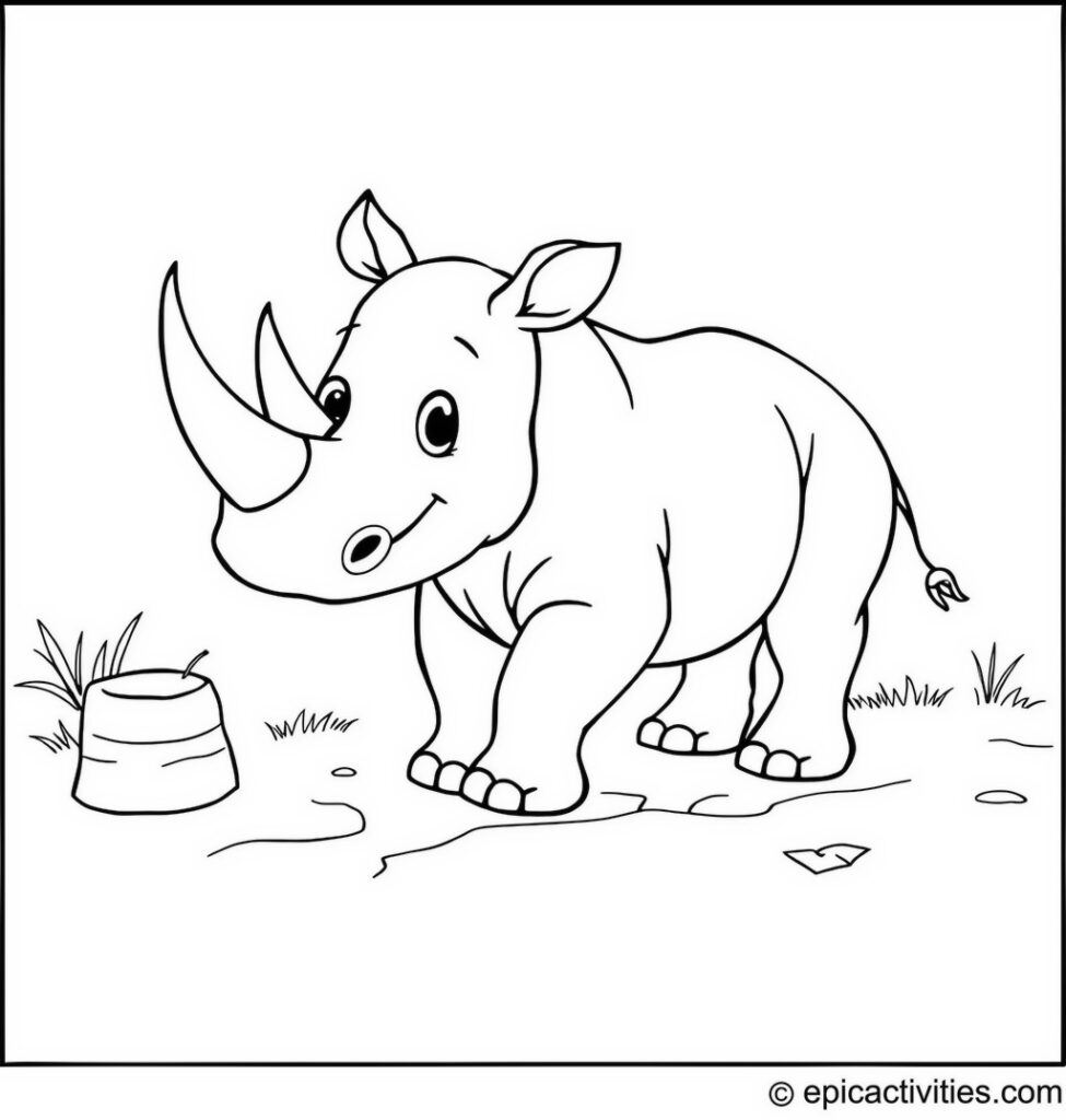 Coloring page of Cartoon Rhino on a Treasure Hunt with a Whimsical Treasure Map