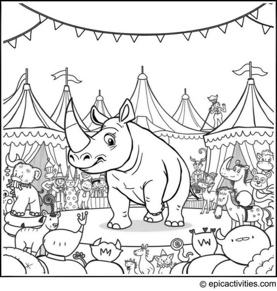 Coloring page of Cartoon Rhino Performing at the Circus with Other Cartoon Animals