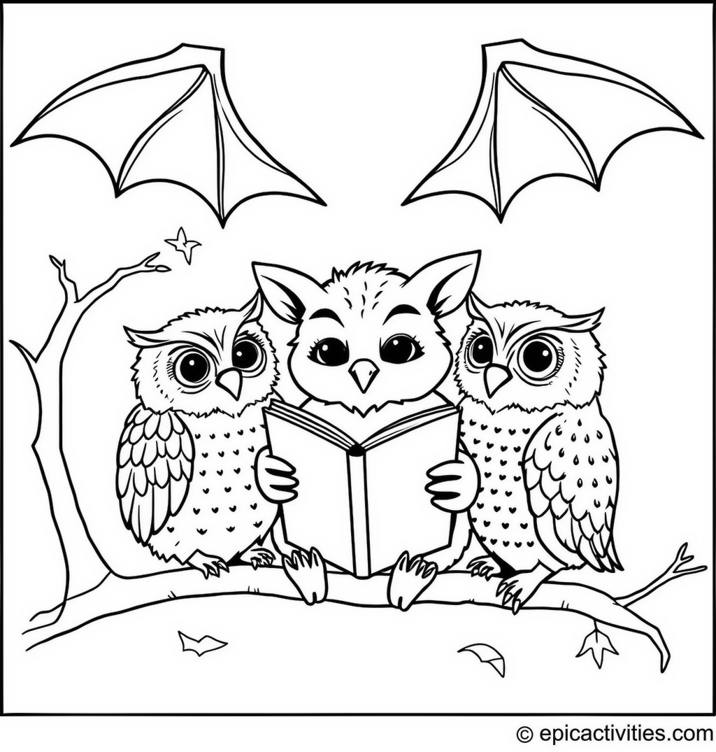 Coloring page of a Bat Reading Bedtime Stories to Baby Owls