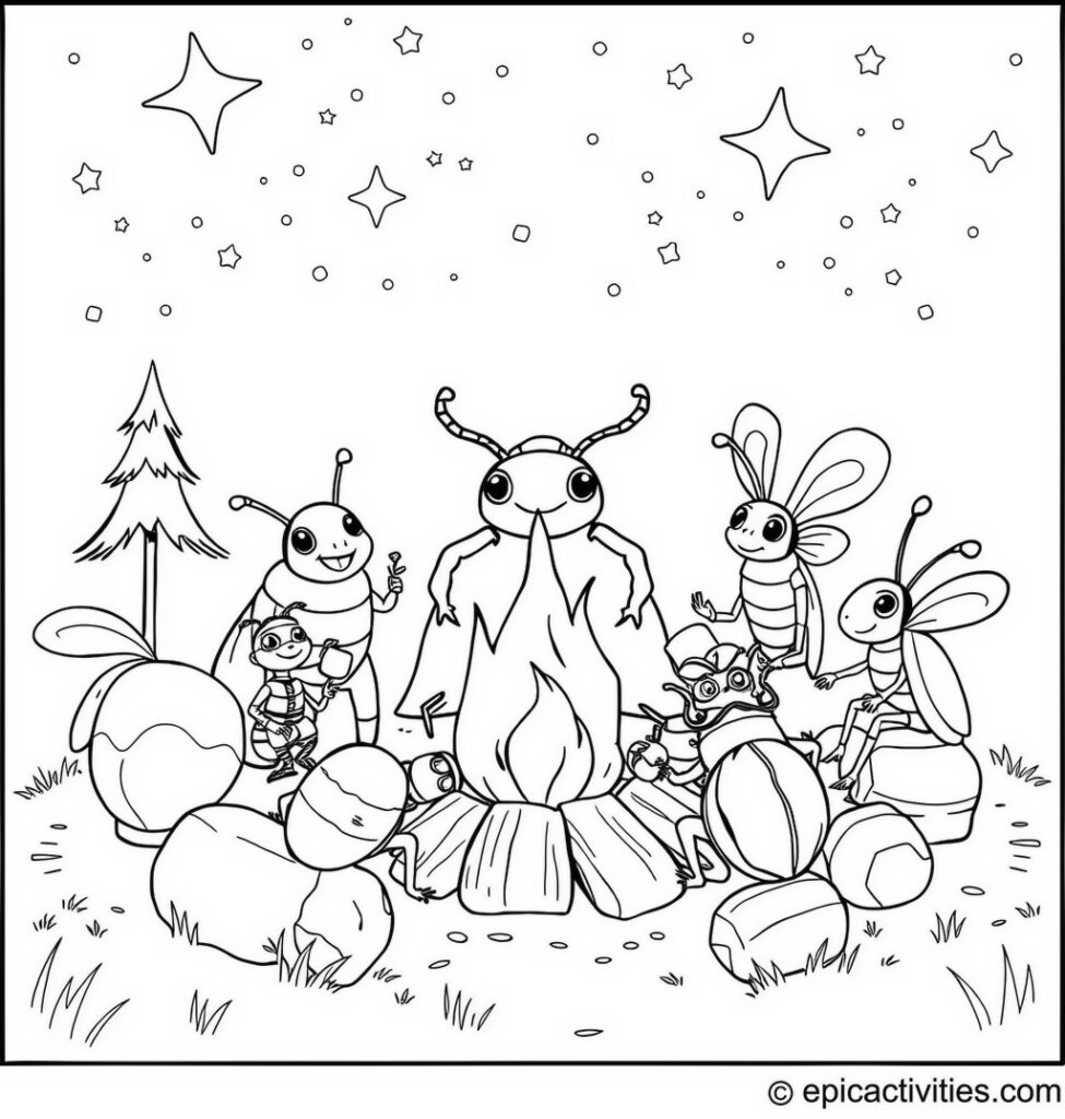 Coloring page of a Beetle and Friends by the Campfire