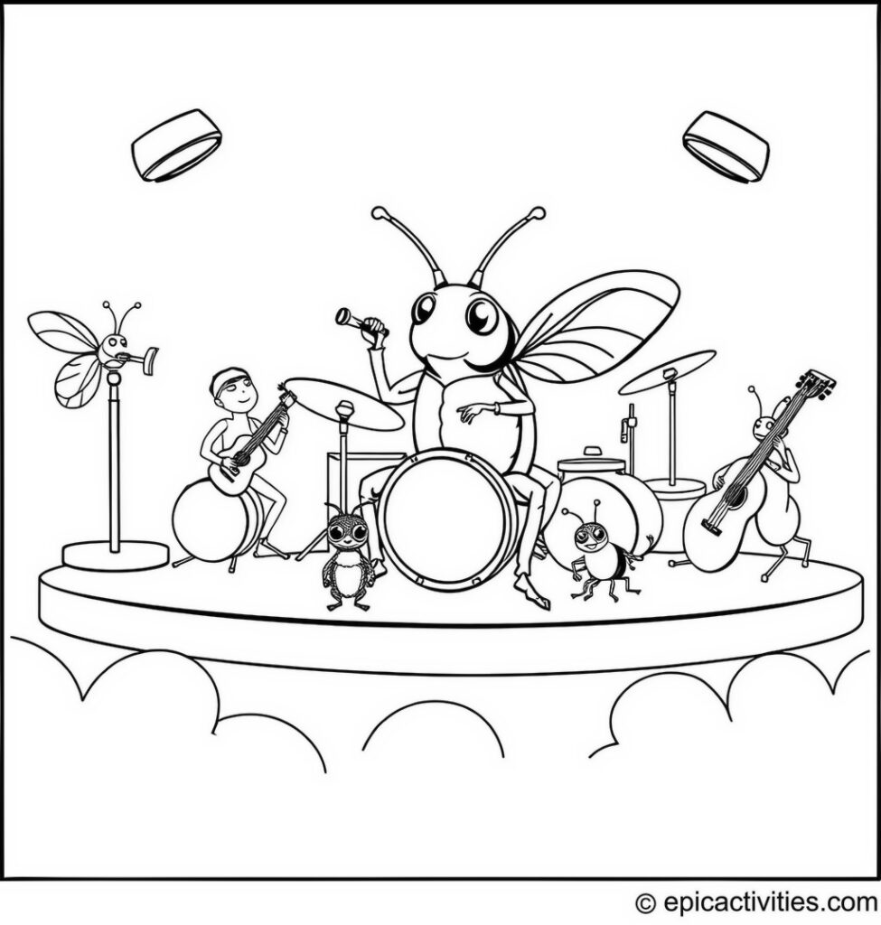 Coloring page of a Beetle Band Performing on Stage