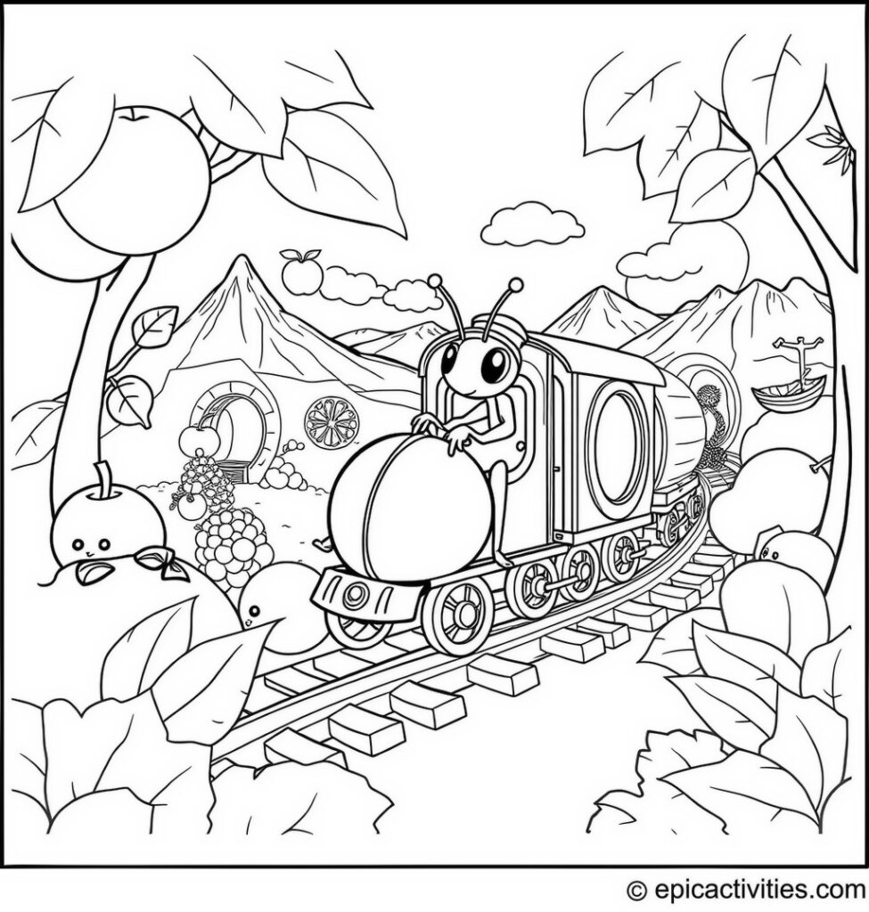 Coloring page of a Beetle Conductor on an Insect Train Journey