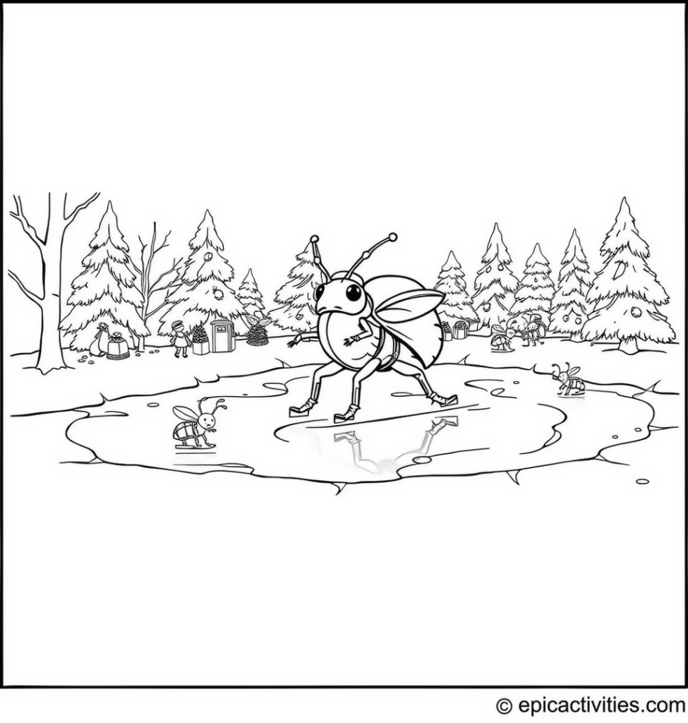 Coloring page of a Beetle Ice Skating on an Icy Pond with Insect Friends