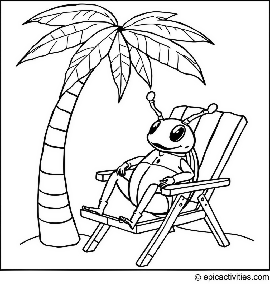 Coloring page of a Beetle on Vacation: Relaxing at the Beach