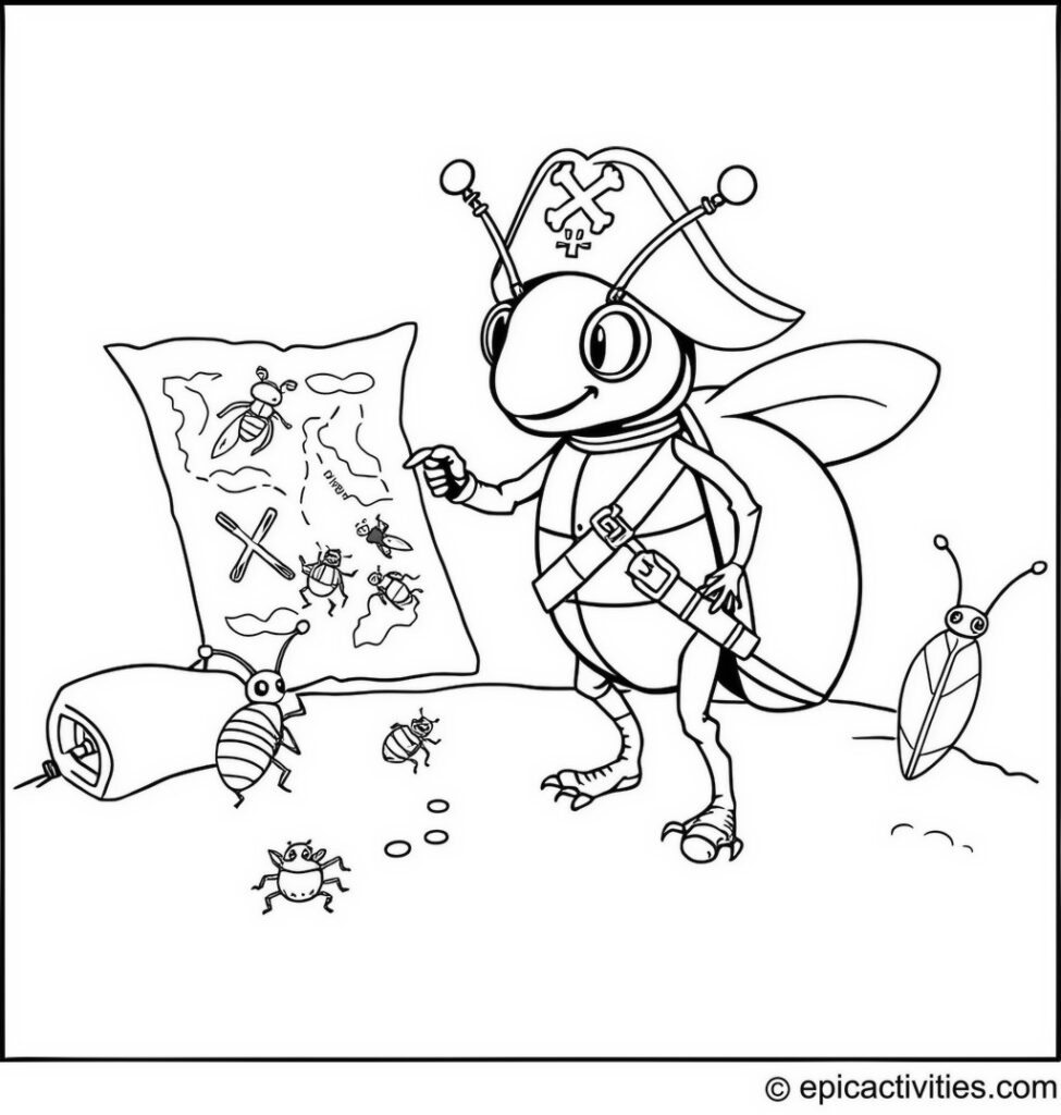 Coloring page of a Beetle Pirate Leading a Treasure Hunt on a Sandy Beach