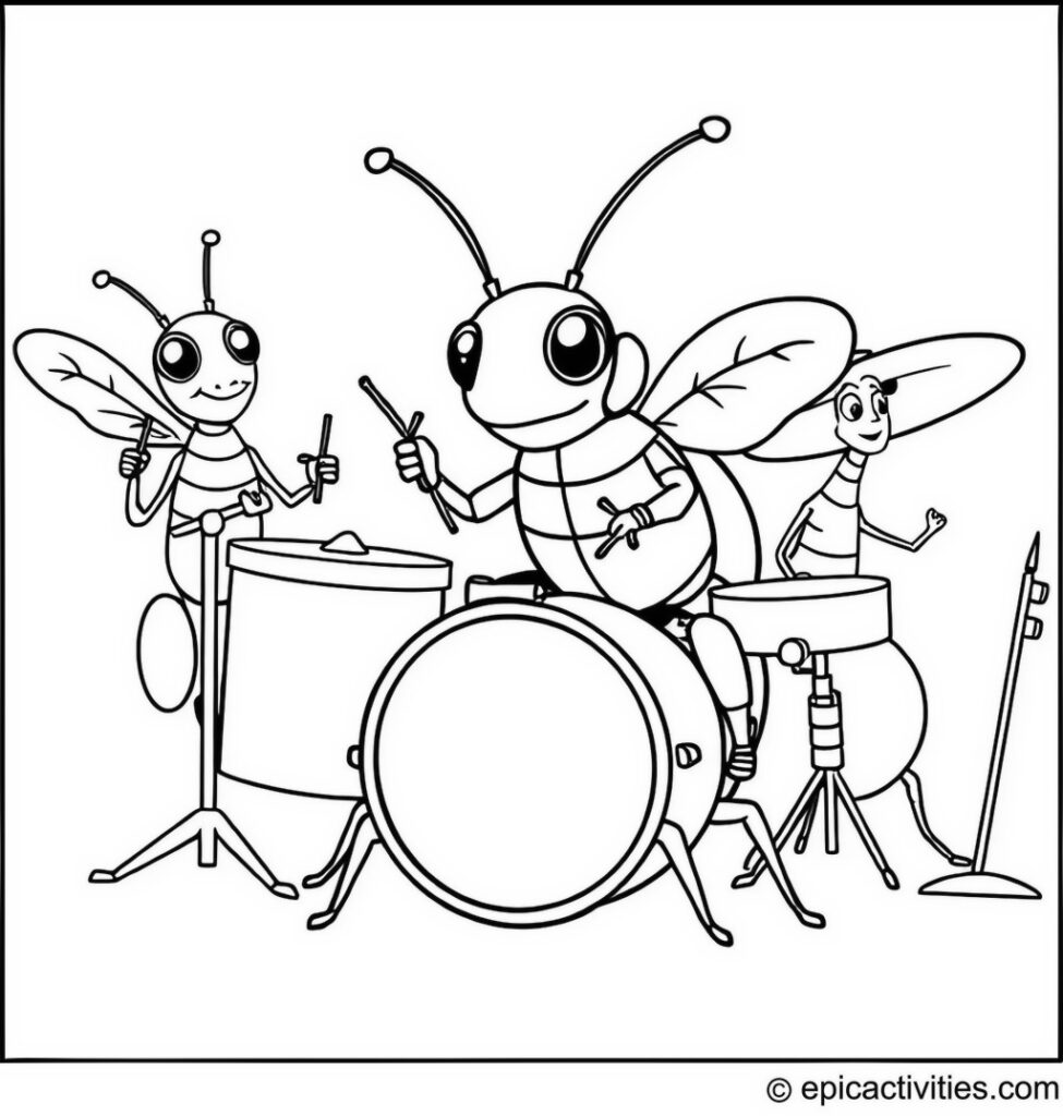 Coloring page of a Beetle Playing Drums with Other Insects in a Band