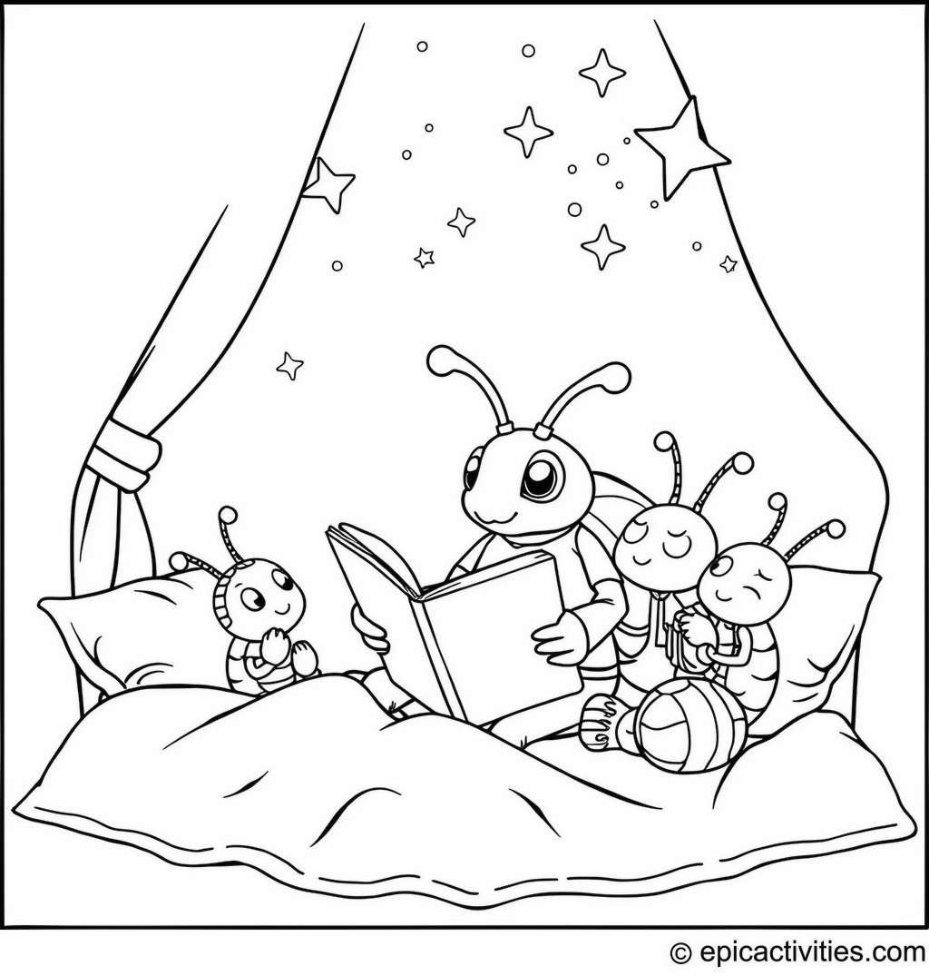 Coloring page of a Beetle Reading Bedtime Stories to Young Insect Characters Under a Starlit Sky