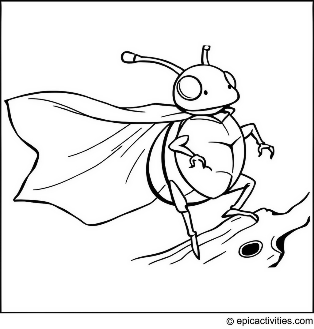 Coloring page of a Beetle Superhero Standing on a Tree Branch
