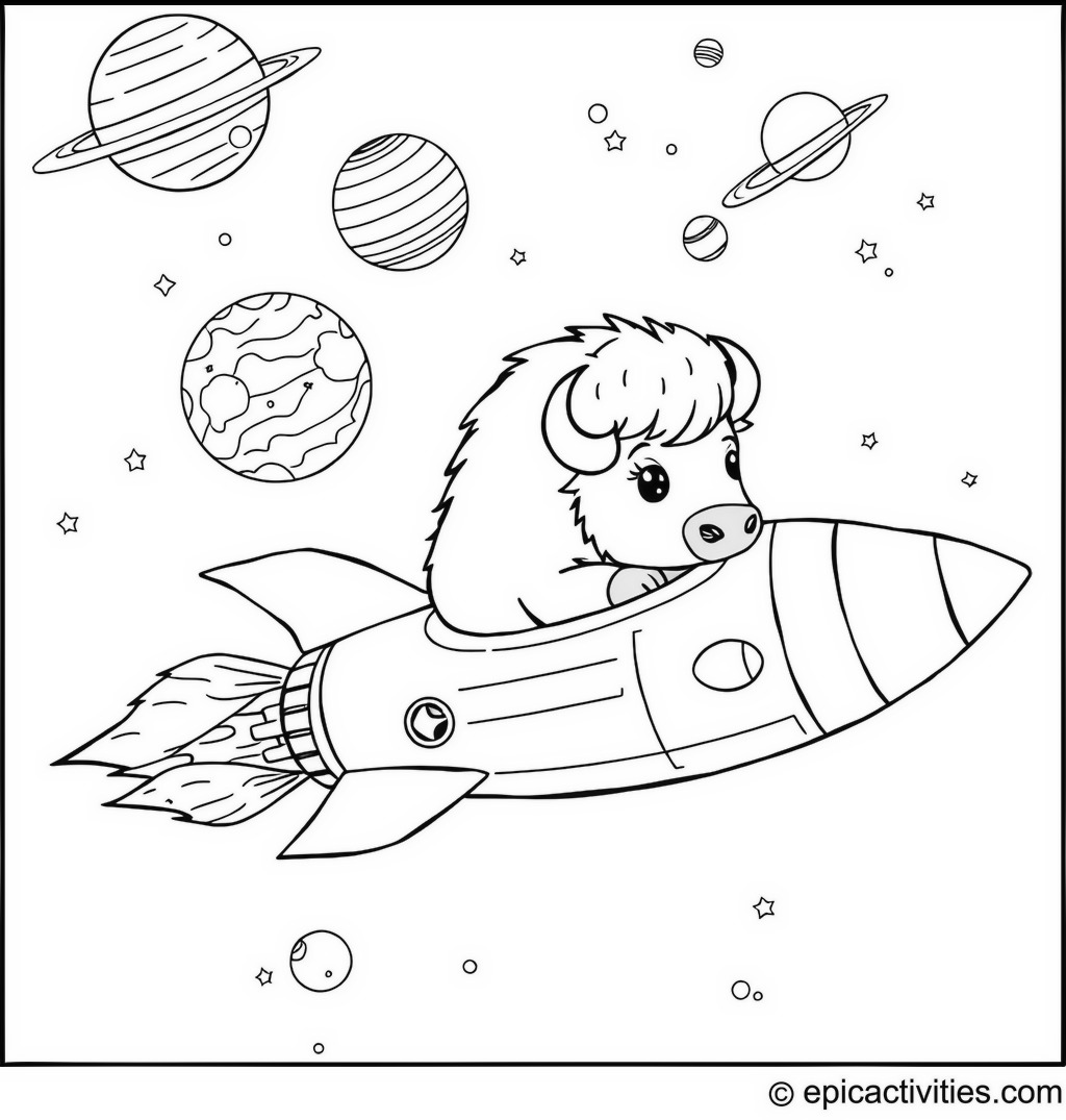 Coloring page of a Bison Astronaut in a Rocket Ship Space Adventure